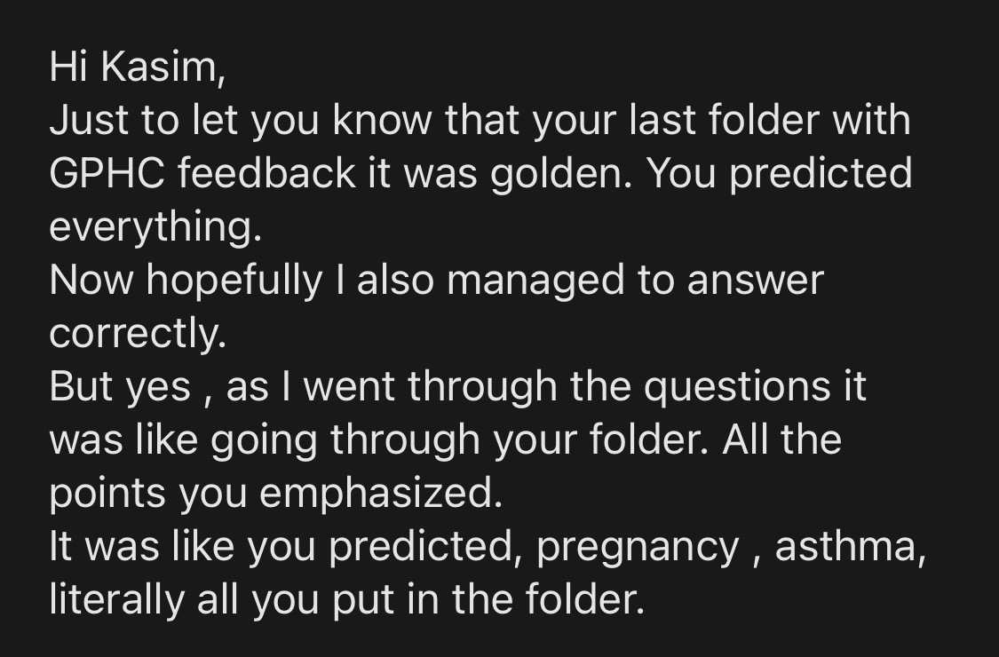 Post-exam message saying the final GPhC feedback folder covered the same points as the exam, including pregnancy and asthma.