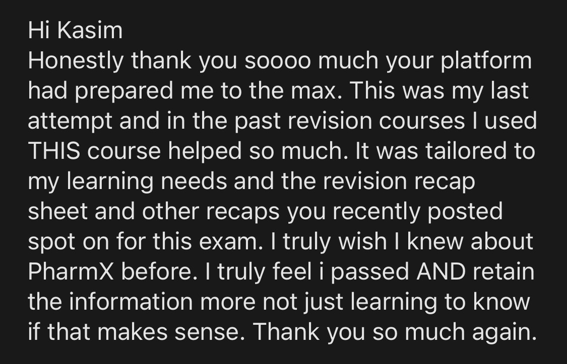 Post-exam message from a final-attempt candidate saying PharmX prepared them fully and helped them retain the information.