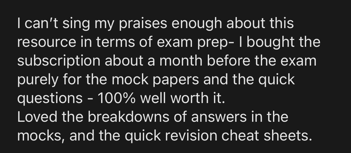 Feedback saying the PharmX mocks, answer breakdowns and quick revision sheets were one hundred percent worth it.