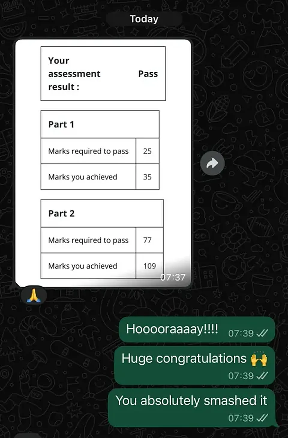Message from a trainee pharmacist thanking PharmX after passing the registration assessment