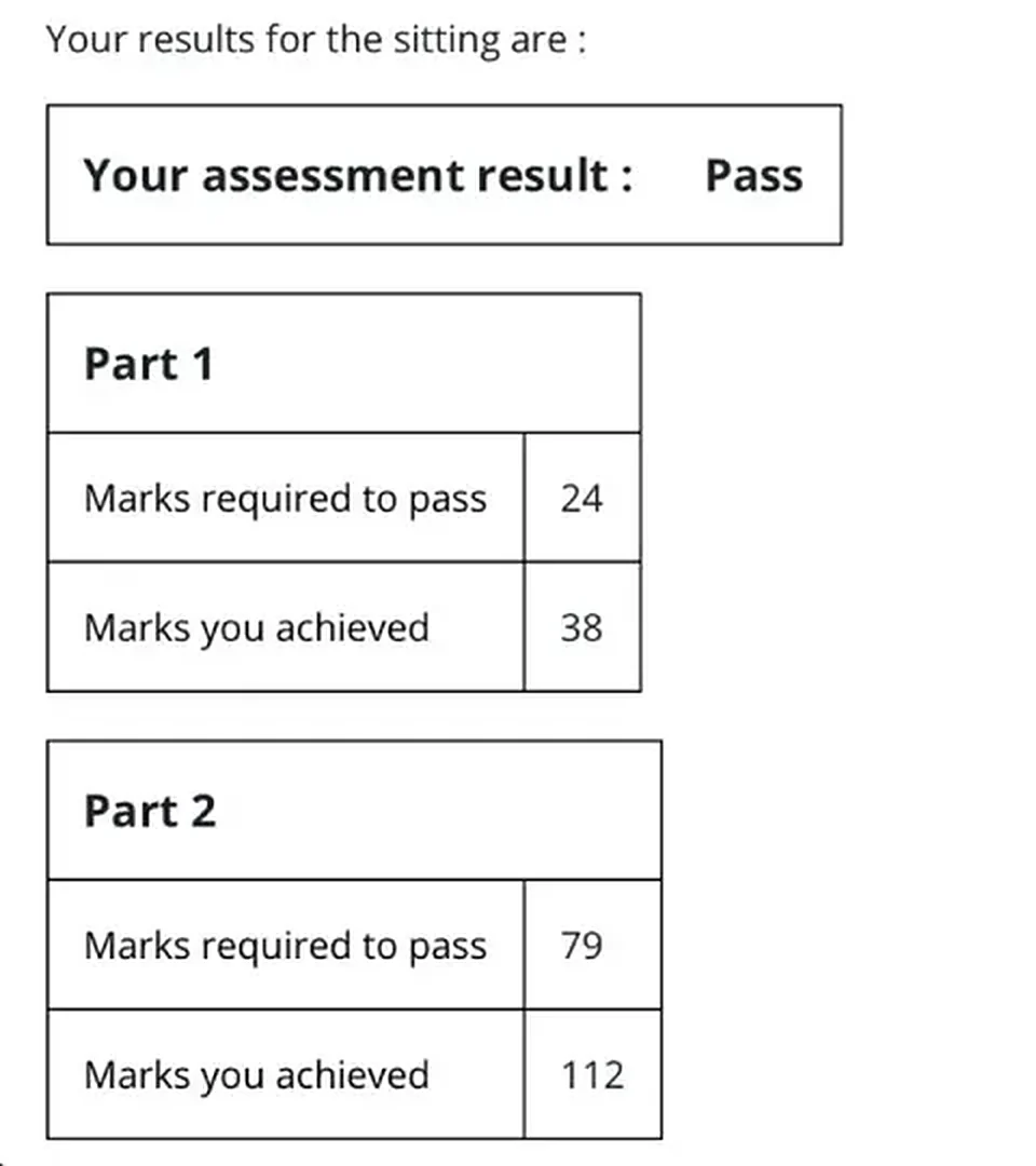 GPhC registration assessment result screenshot showing a pass