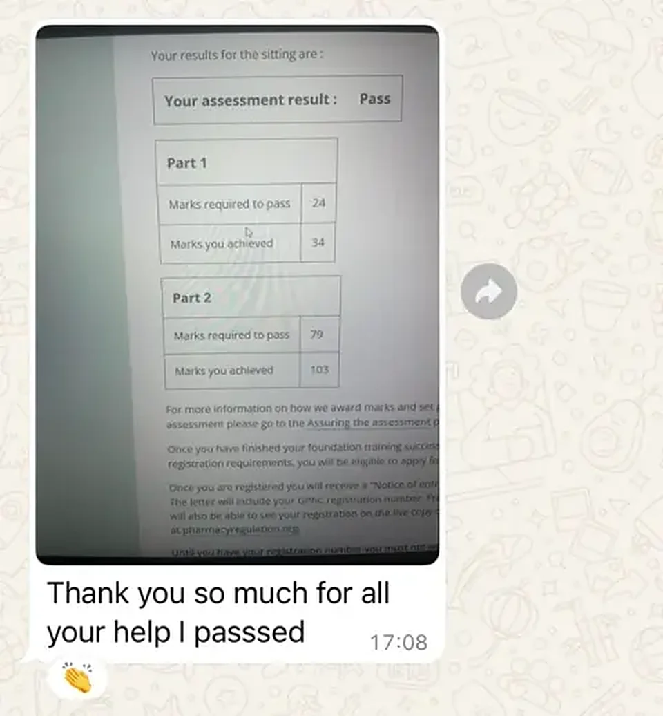 GPhC registration assessment result screenshot showing a pass
