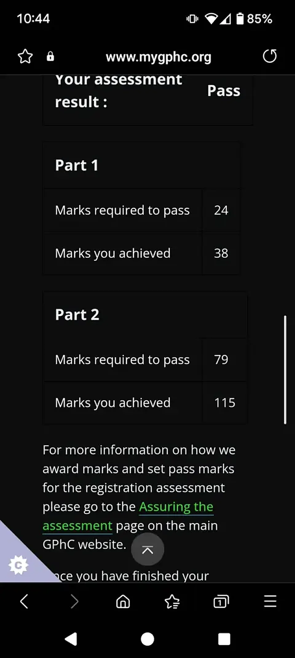 GPhC registration assessment result screenshot showing a pass