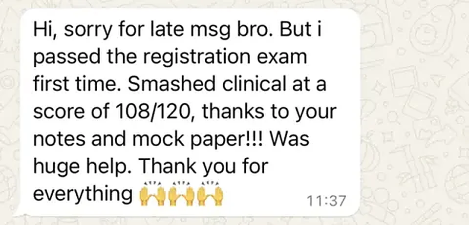 Message from a trainee pharmacist thanking PharmX after passing the registration assessment