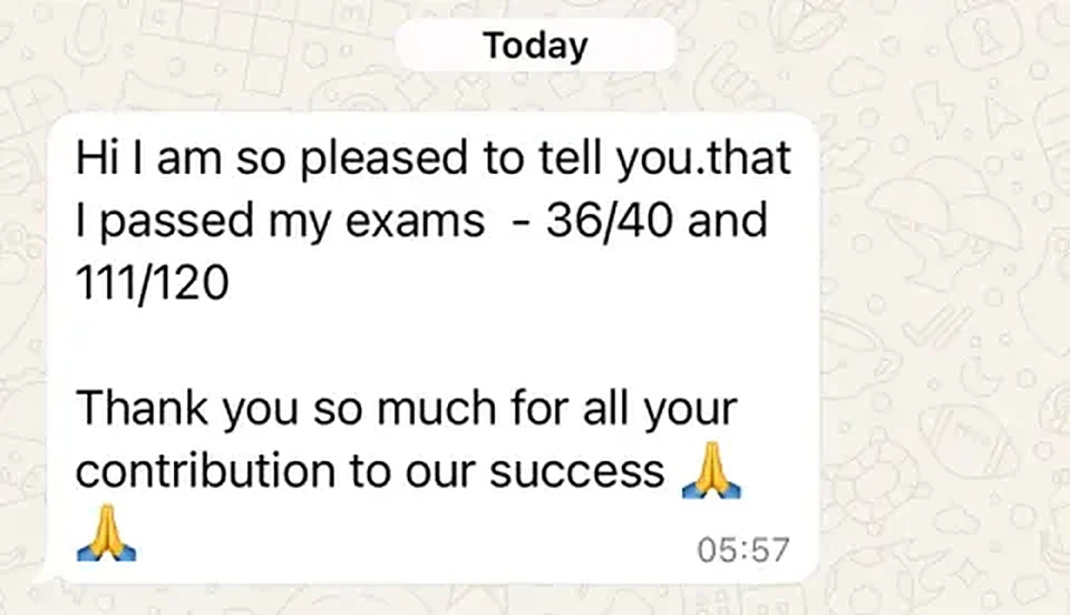 Message from a trainee pharmacist thanking PharmX after passing the registration assessment
