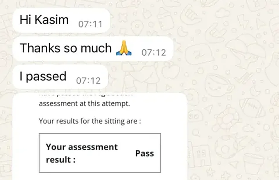 GPhC registration assessment result screenshot showing a pass