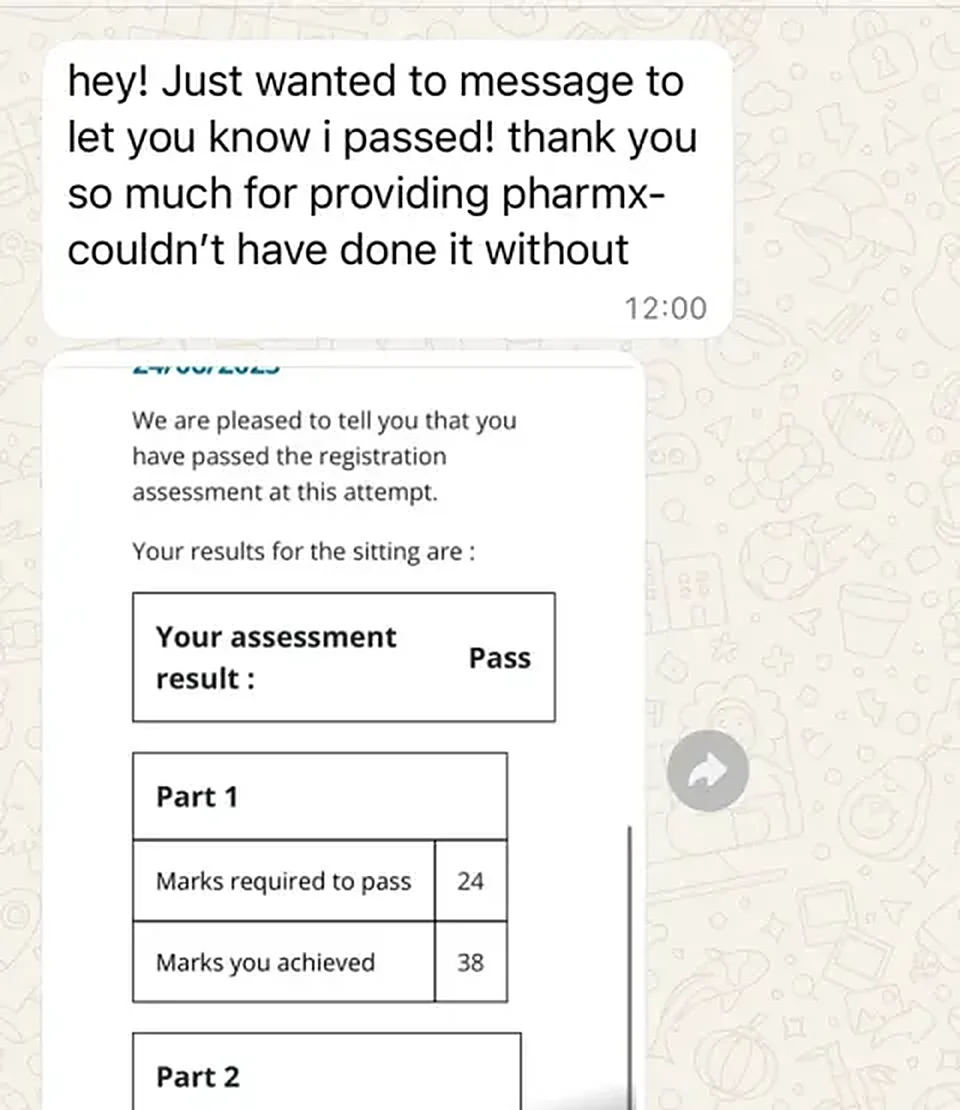 GPhC registration assessment result screenshot showing a pass