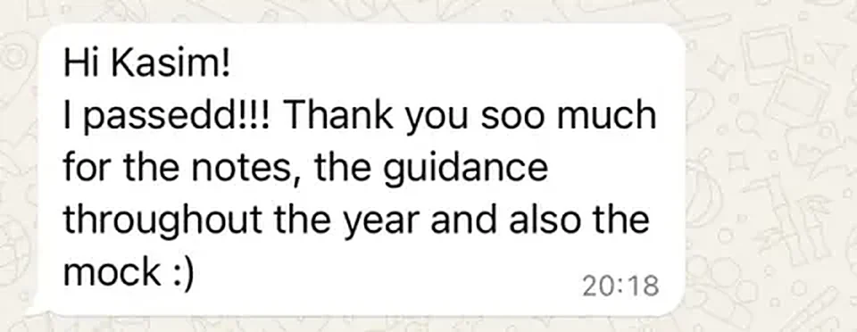 Message from a trainee pharmacist thanking PharmX after passing the registration assessment