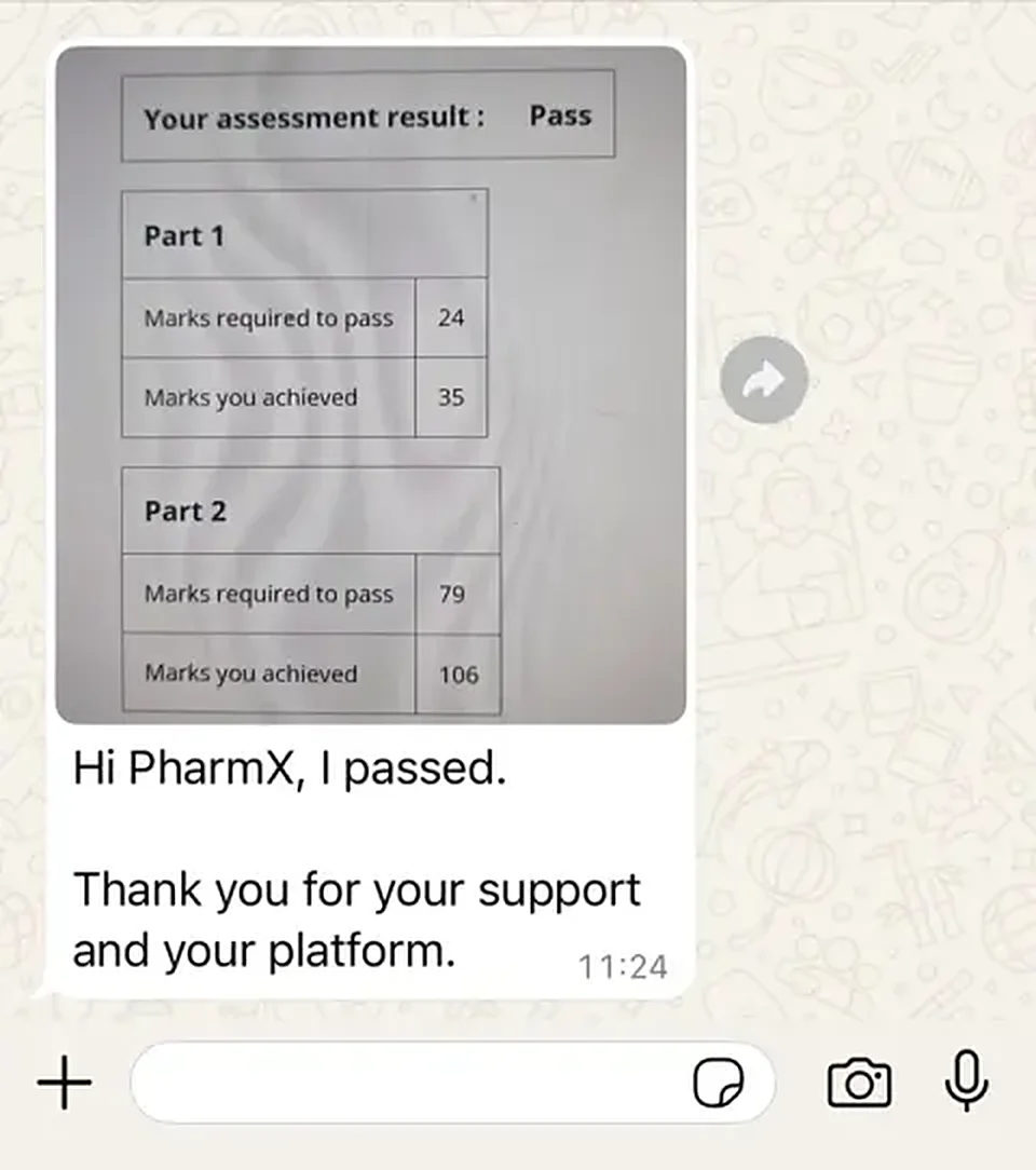 GPhC registration assessment result screenshot showing a pass