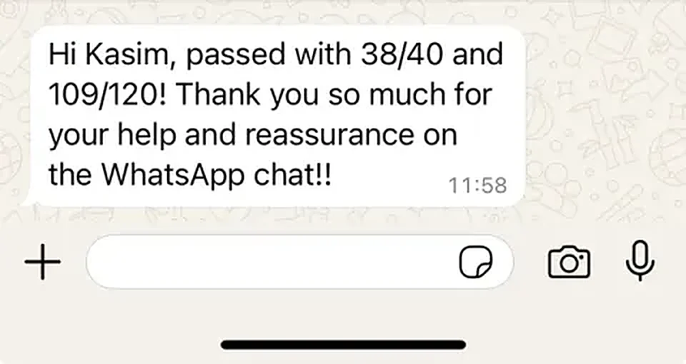 Message from a trainee pharmacist thanking PharmX after passing the registration assessment