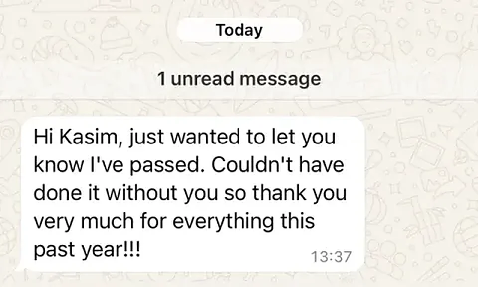 Message from a trainee pharmacist thanking PharmX after passing the registration assessment