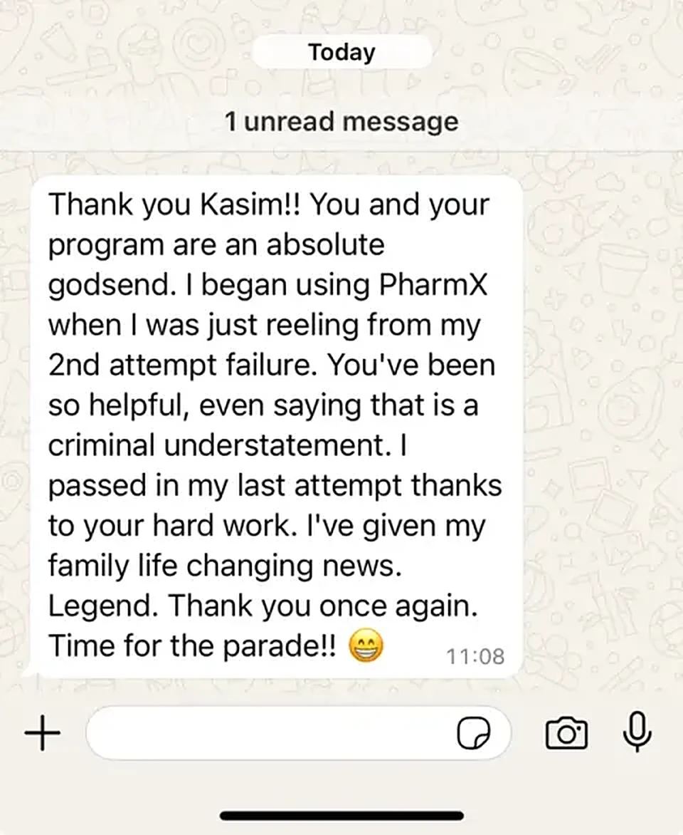Message from a trainee pharmacist thanking PharmX after passing the registration assessment
