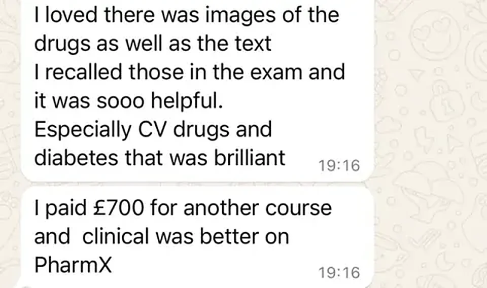 Message from a trainee pharmacist thanking PharmX after passing the registration assessment