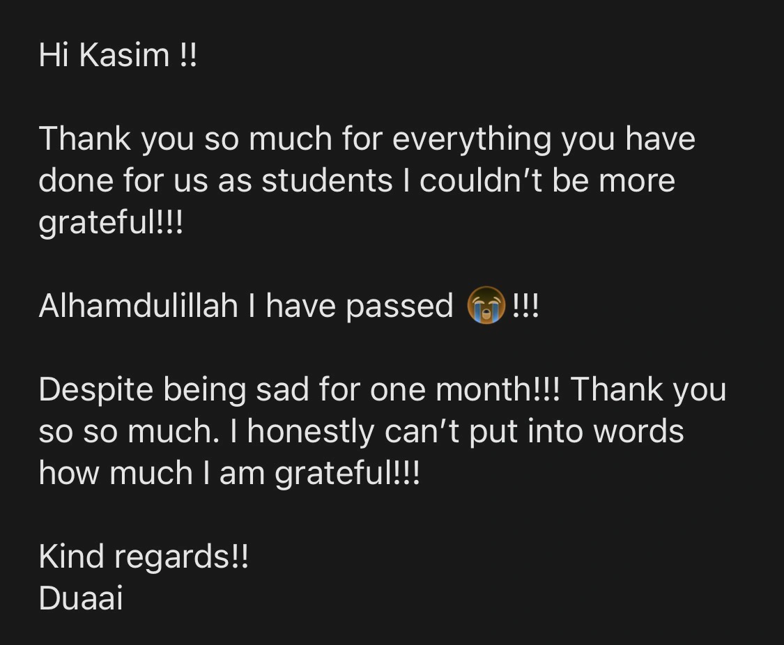 Message from a trainee pharmacist thanking PharmX after passing the registration assessment