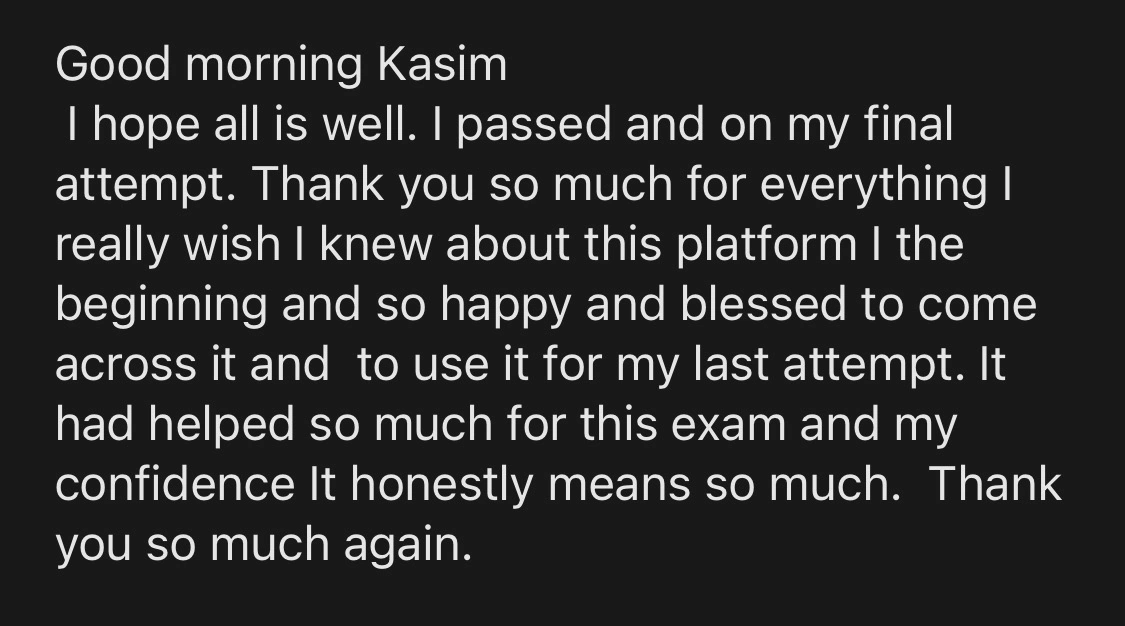 Message from a trainee pharmacist thanking PharmX after passing the registration assessment