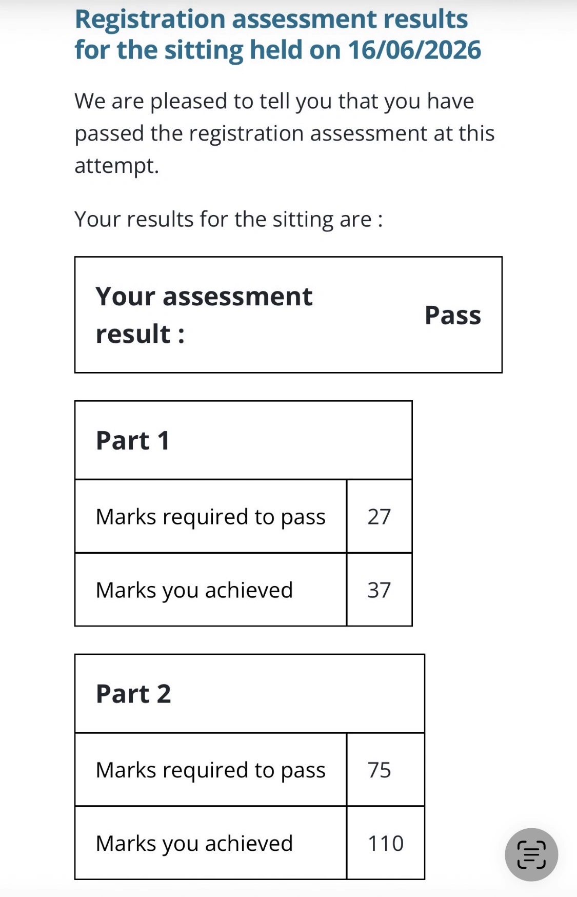 GPhC registration assessment result screenshot showing a pass