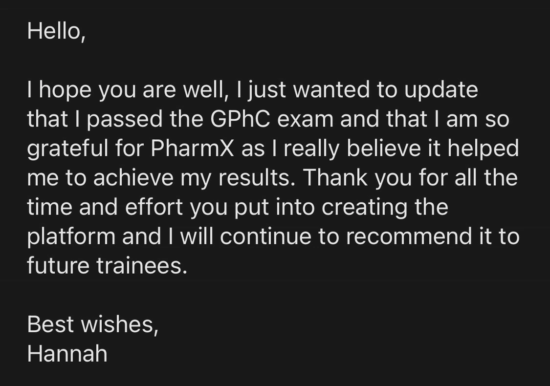 Message from a trainee pharmacist thanking PharmX after passing the registration assessment