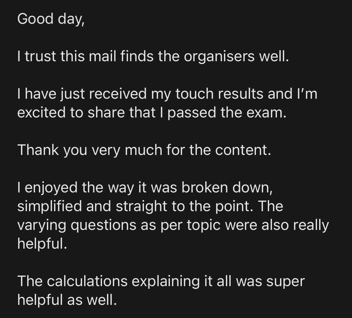 Message from a trainee pharmacist thanking PharmX after passing the registration assessment