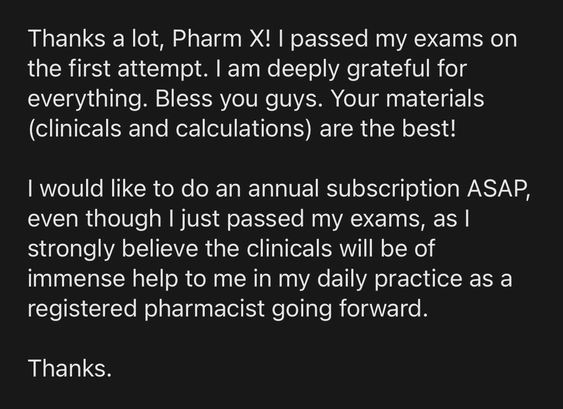 Message from a trainee pharmacist thanking PharmX after passing the registration assessment