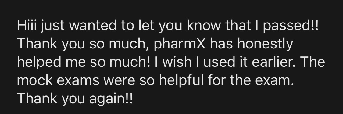 Message from a trainee pharmacist thanking PharmX after passing the registration assessment