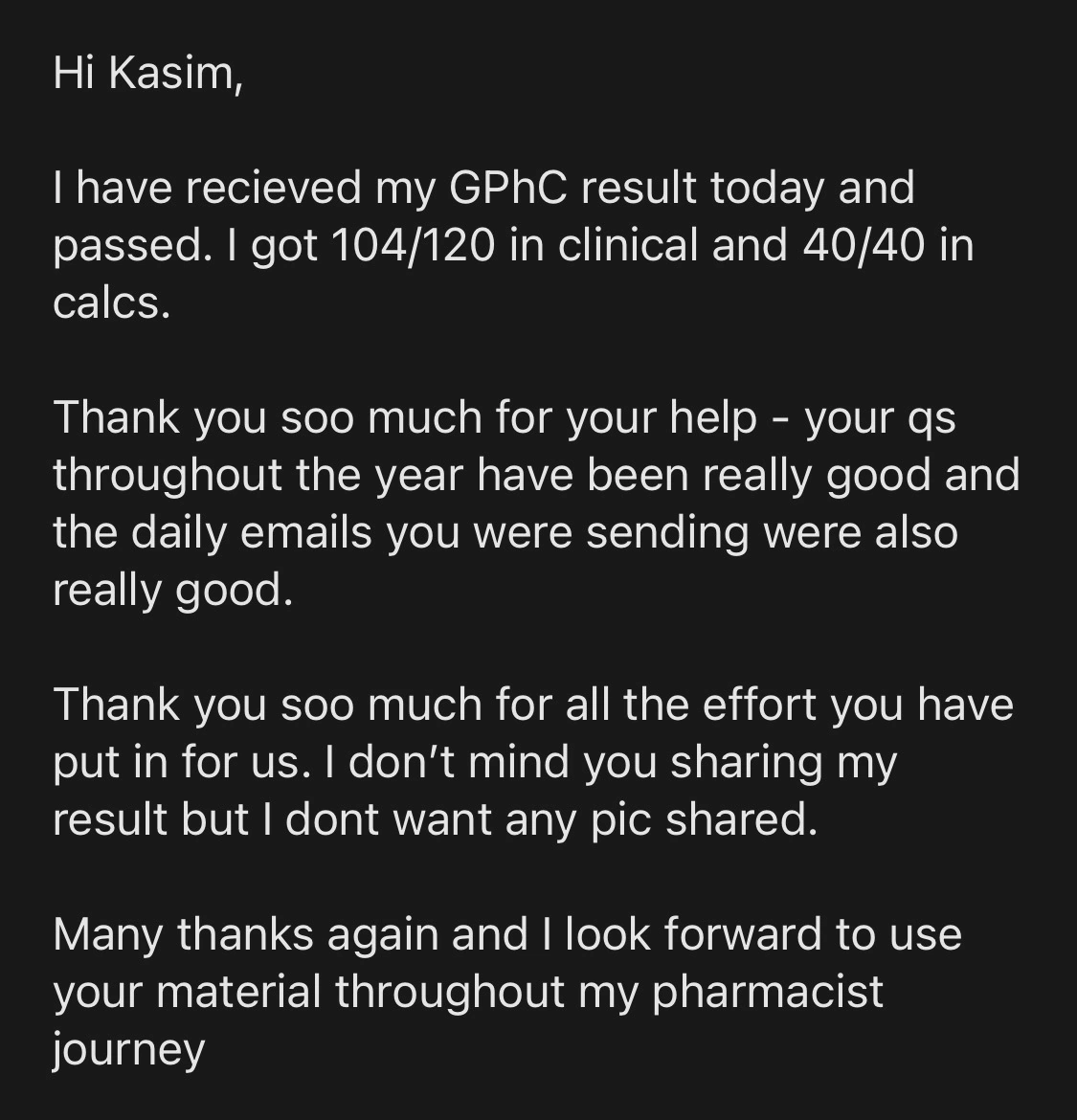 Message from a trainee pharmacist thanking PharmX after passing the registration assessment