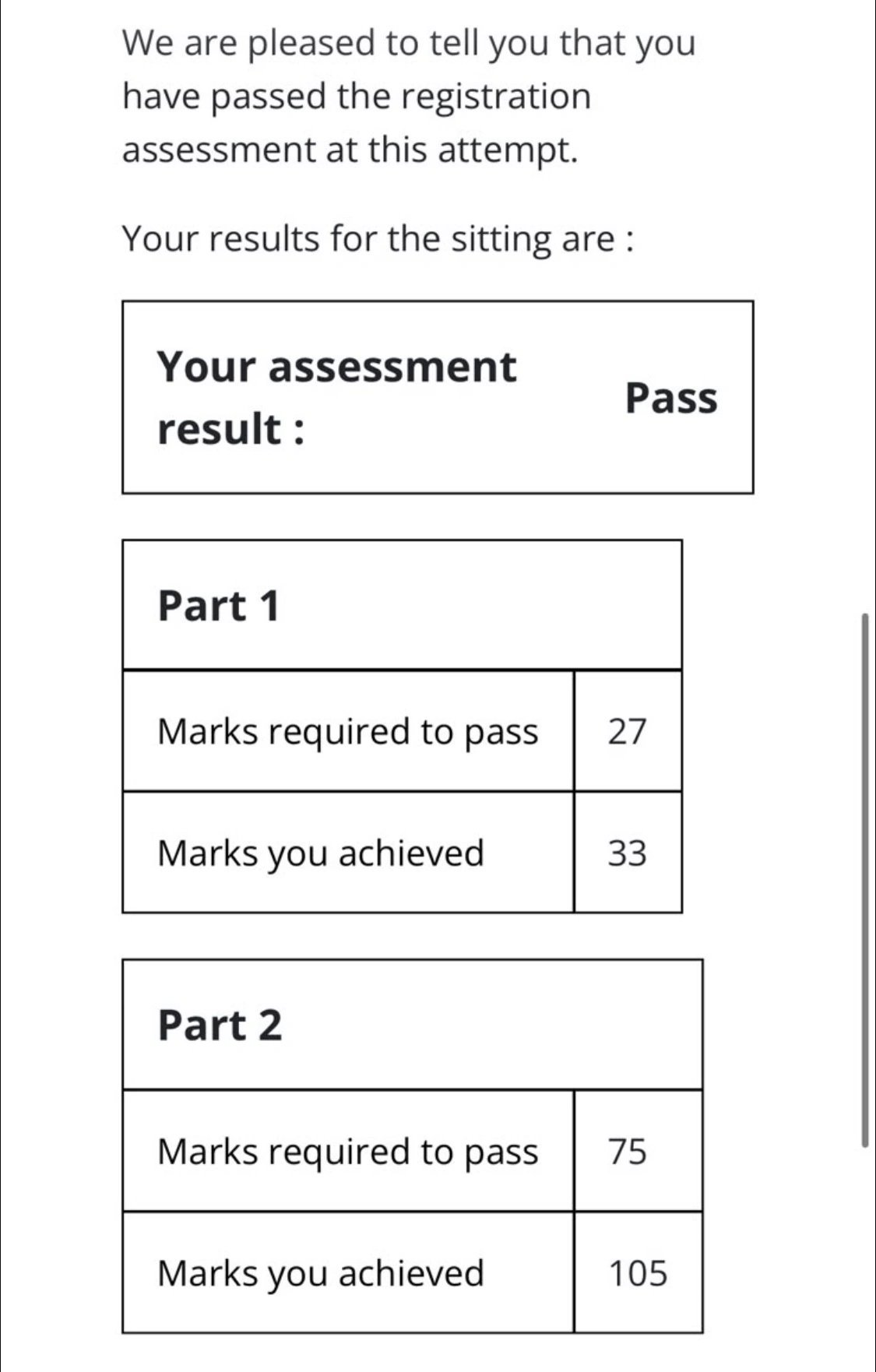 GPhC registration assessment result screenshot showing a pass