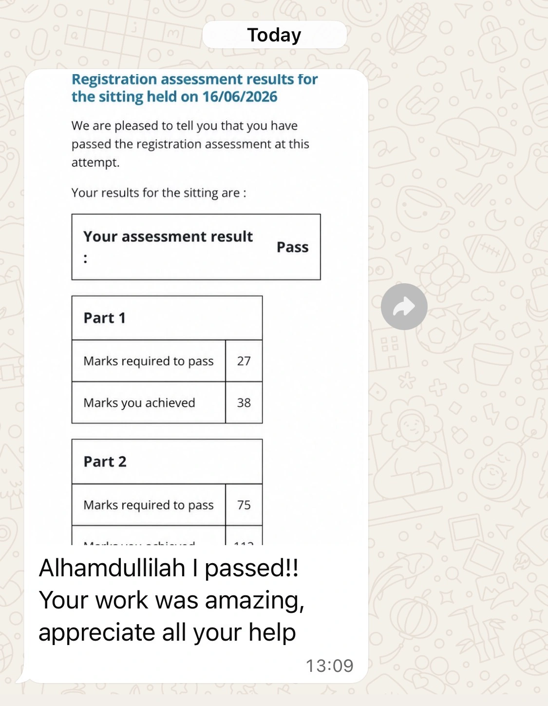 GPhC registration assessment result screenshot showing a pass