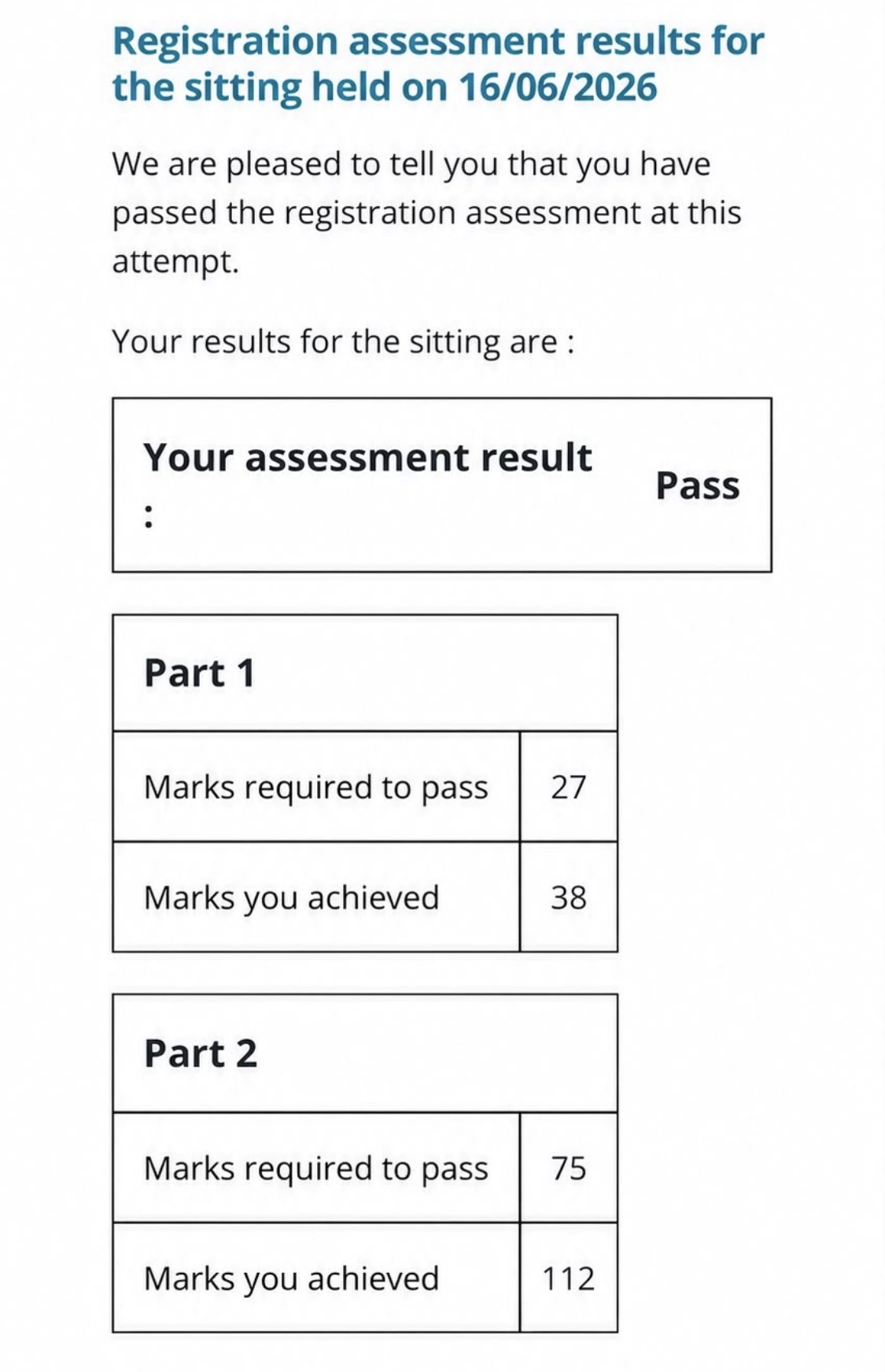 GPhC registration assessment result screenshot showing a pass