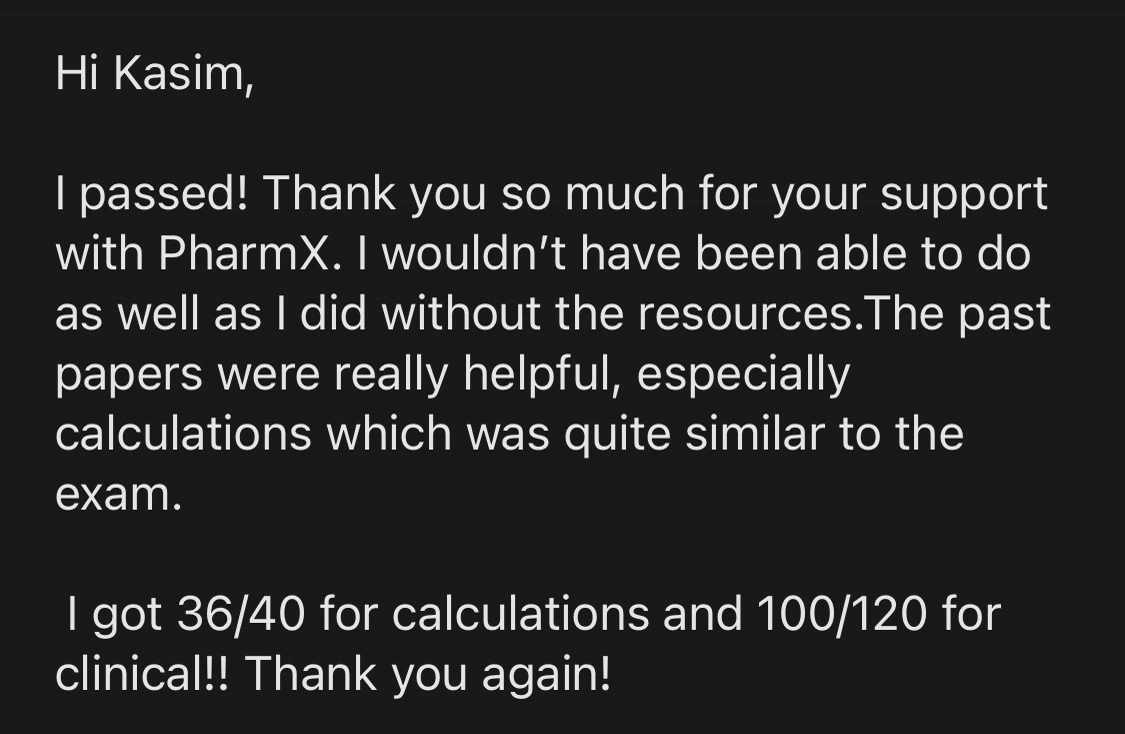 Message from a trainee pharmacist thanking PharmX after passing the registration assessment