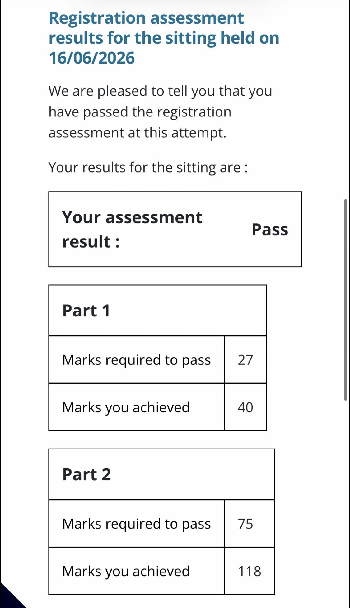 GPhC registration assessment result screenshot showing a pass