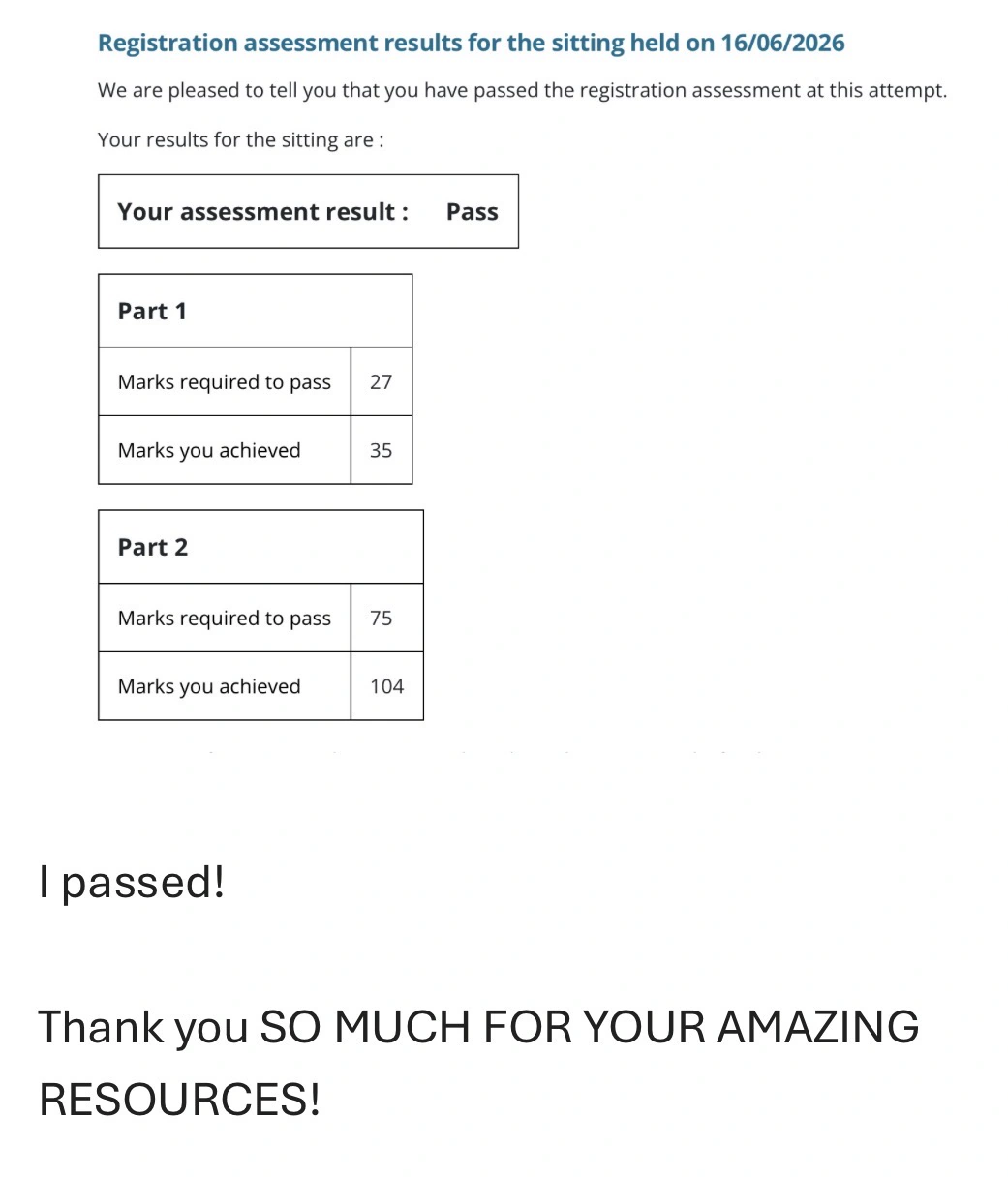 GPhC registration assessment result screenshot showing a pass