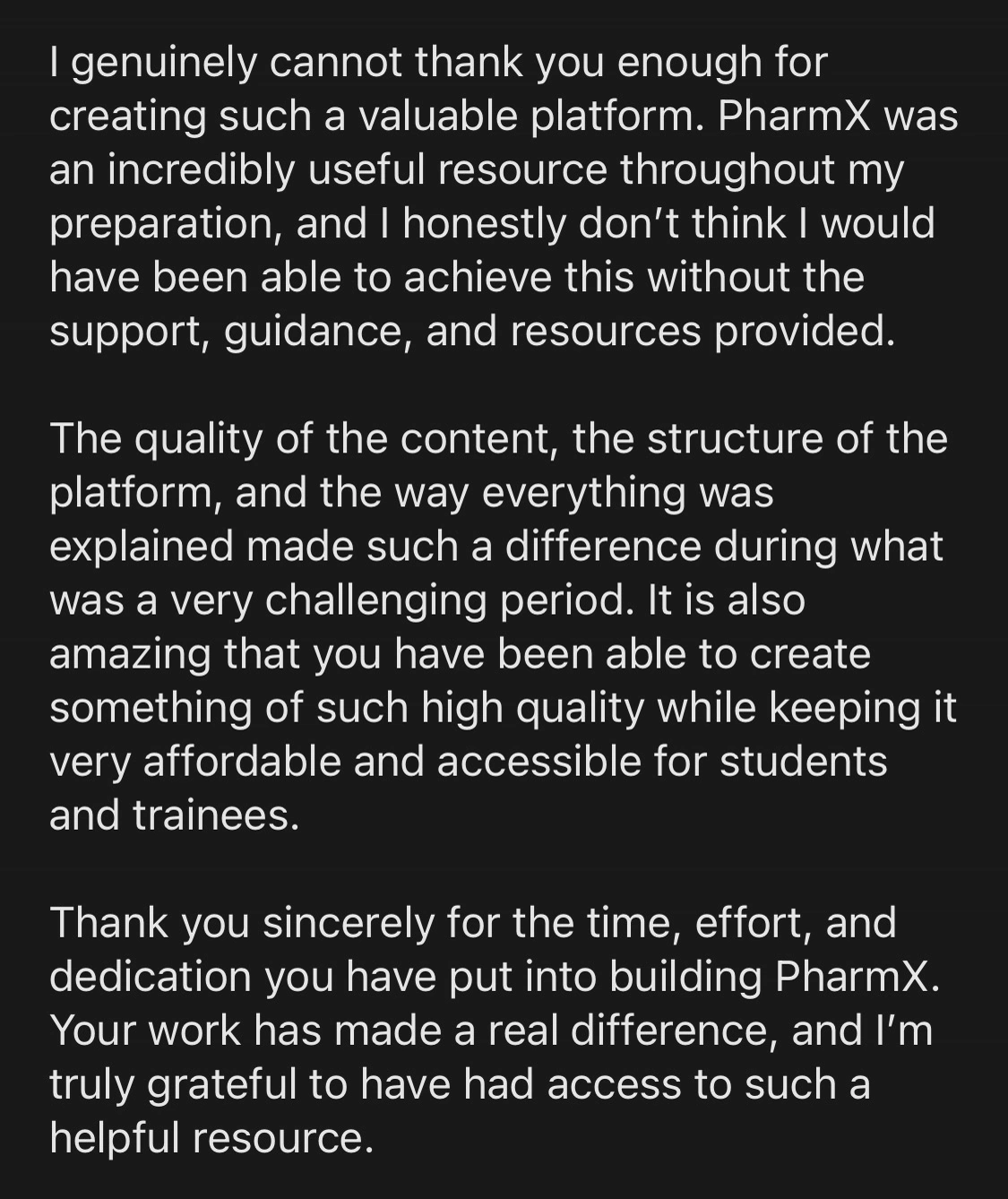 Message from a trainee pharmacist thanking PharmX after passing the registration assessment