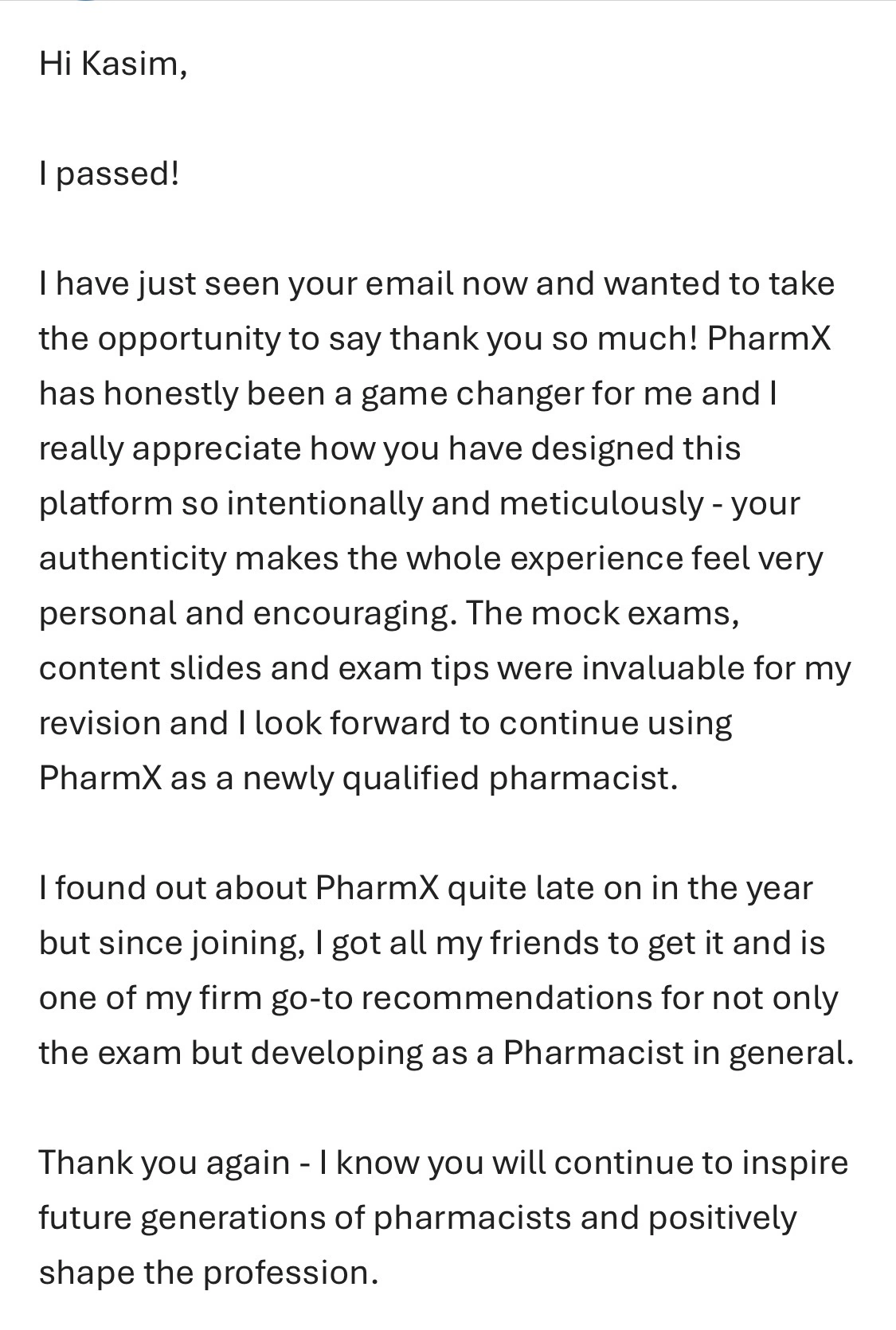 Message from a trainee pharmacist thanking PharmX after passing the registration assessment