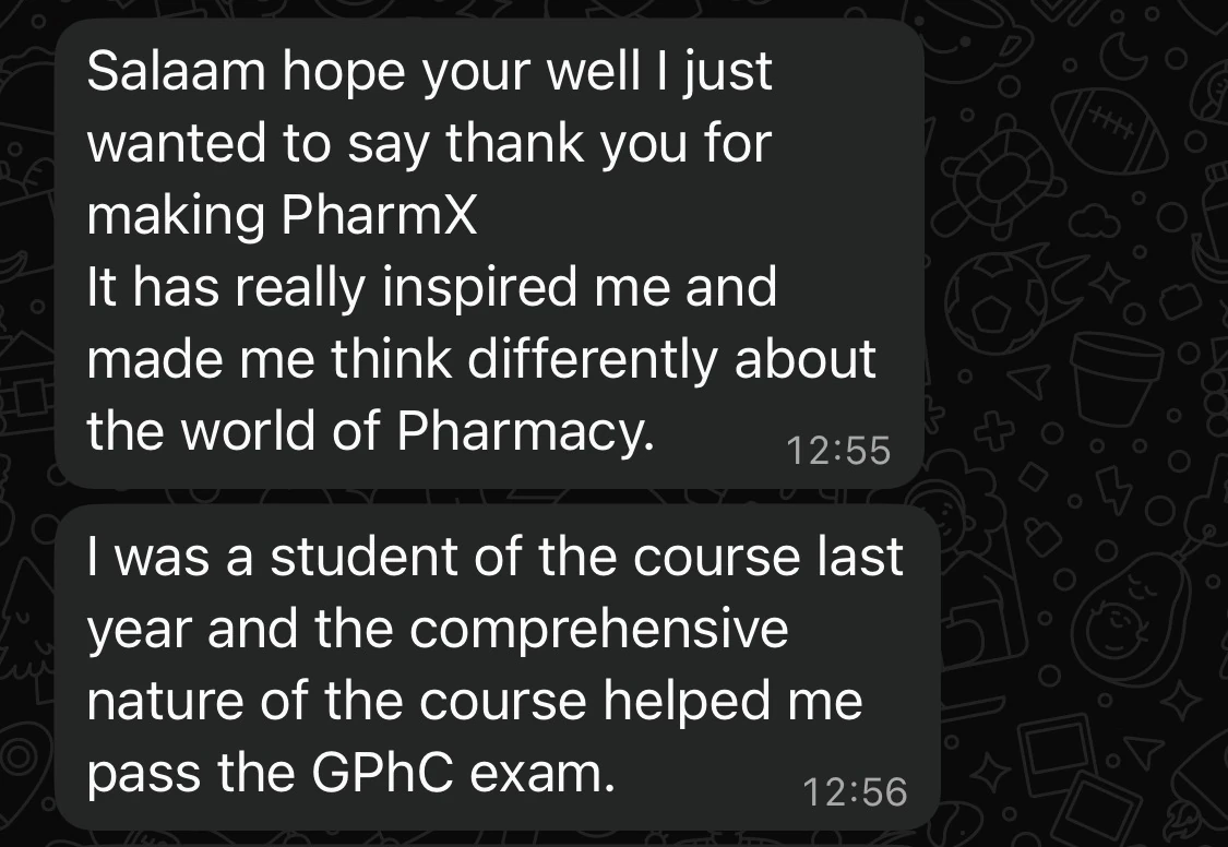 Message saying the course helped the trainee pass the GPhC exam