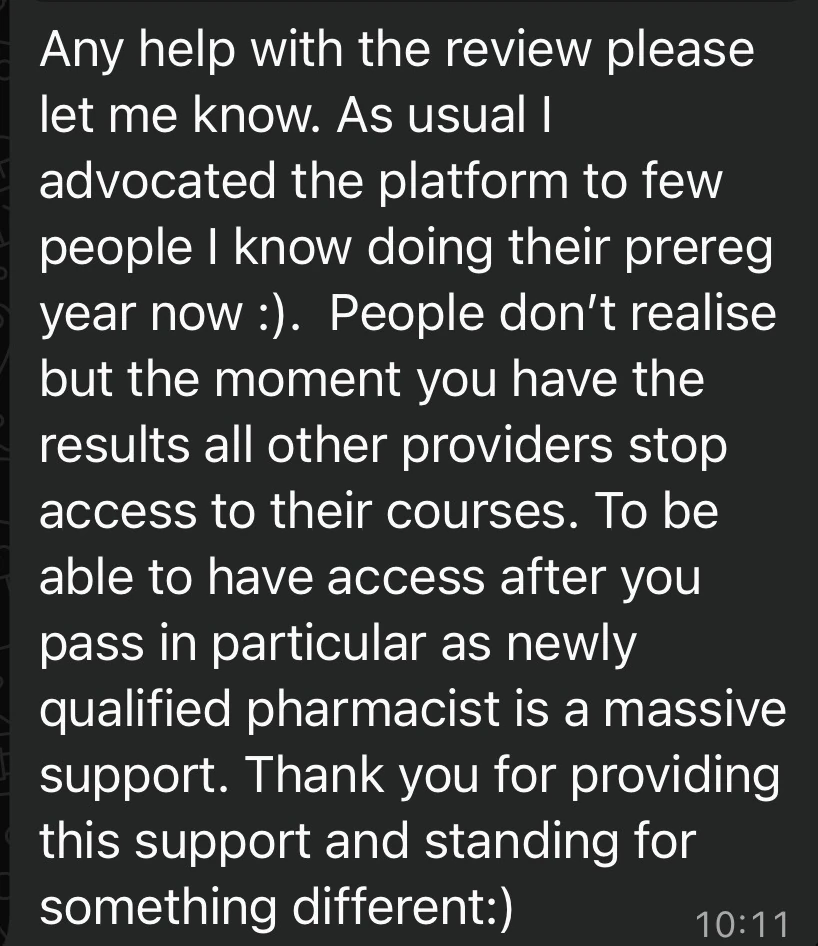 Message from a newly qualified pharmacist recommending PharmX to other trainees