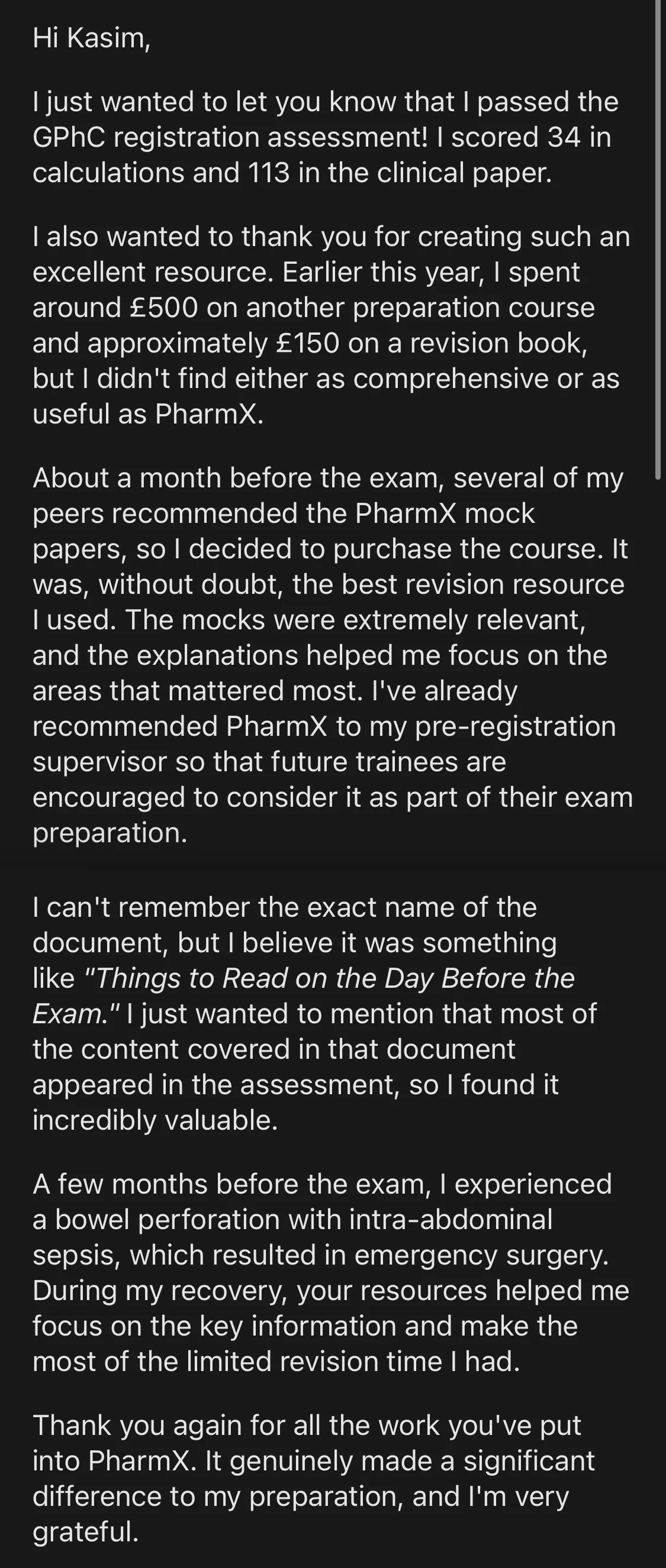 Message from a trainee pharmacist who passed with 34 in calculations and 113 in the clinical paper, saying the PharmX mocks were the best revision resource they used