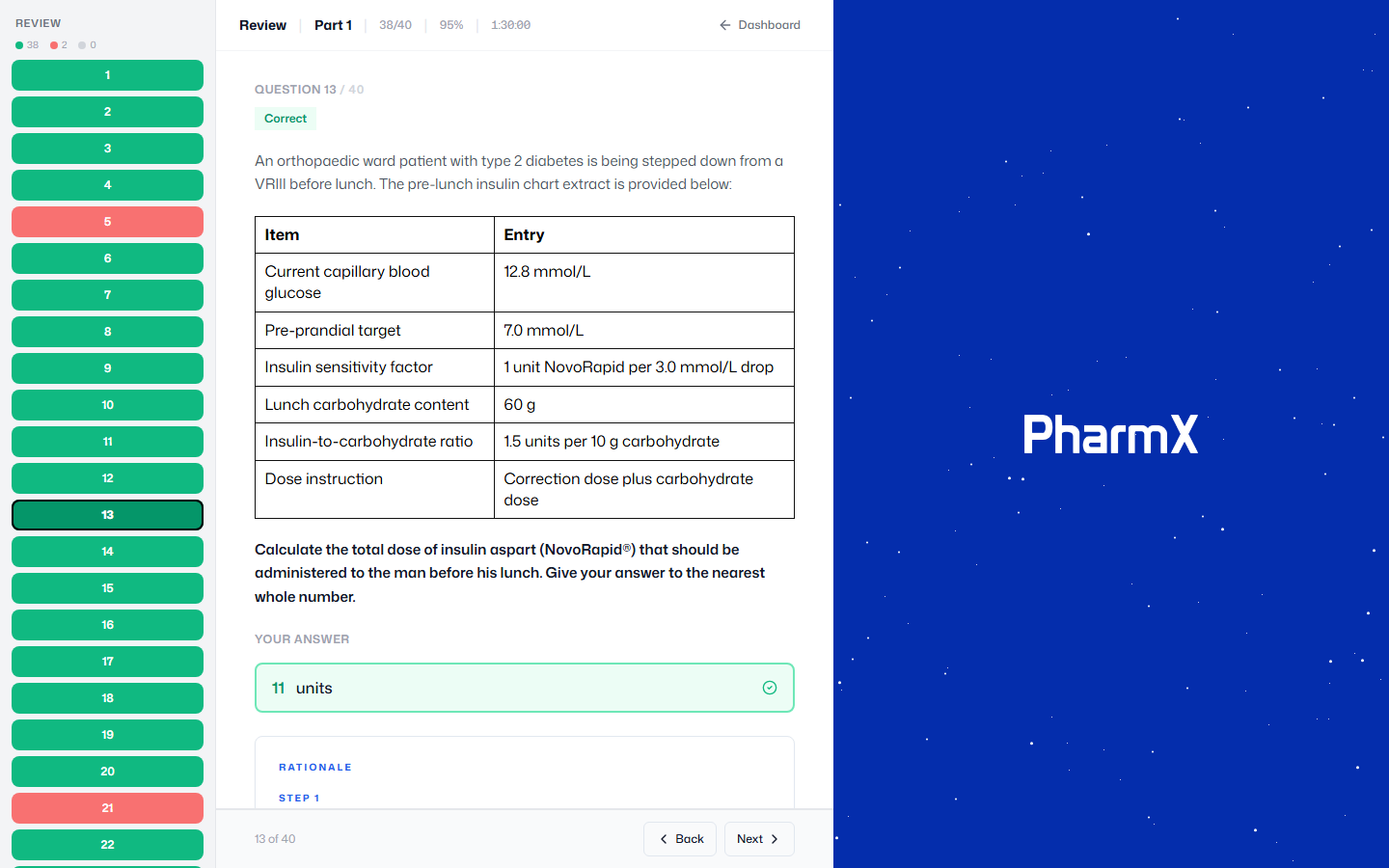 Review screen — per-question rationale with marked answers