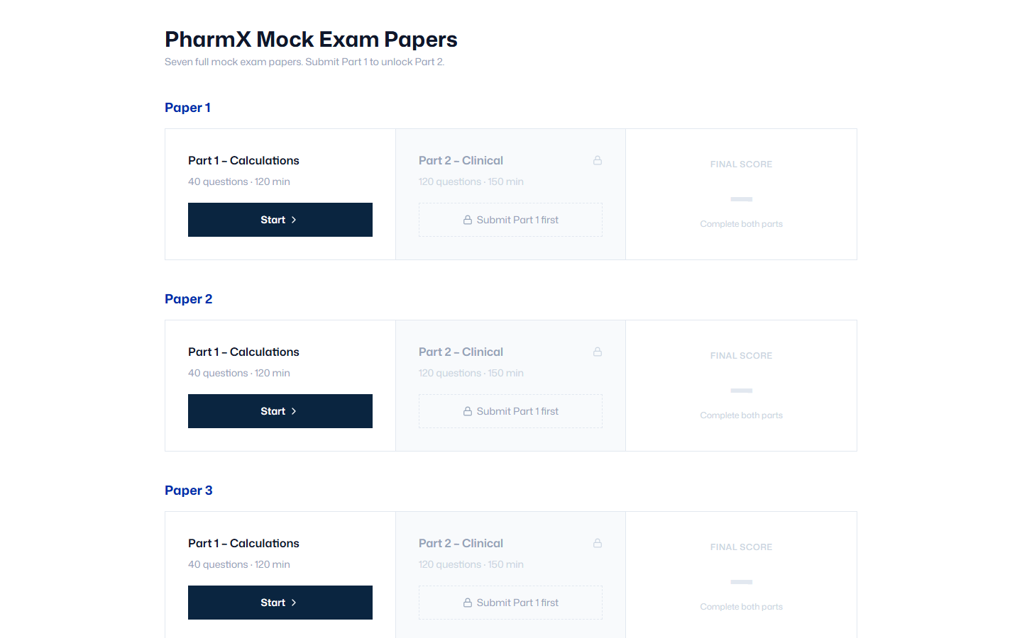 Mock Exam Papers dashboard — seven papers with Part 1 and Part 2